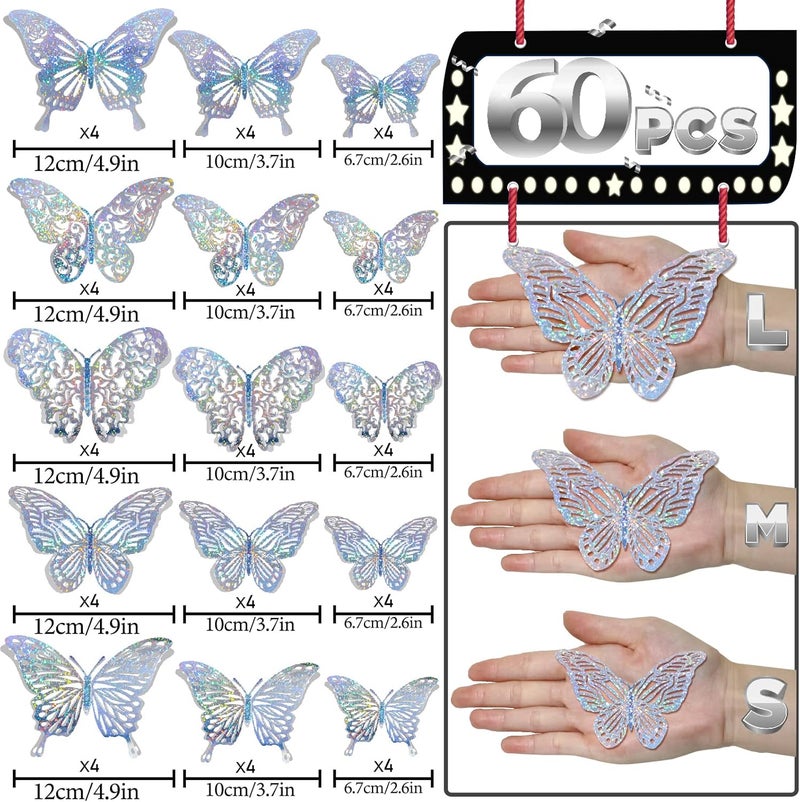 DELEMI 60 Pcs 3D Sequined Silver Butterfly Wall Decor, 5 Styles 3 Sizes,Butterfly Cake Birthday Party Shower Decorations Iridescent,Metallic Room Mural Wall Stickers (Sequined Silver) - Image 5
